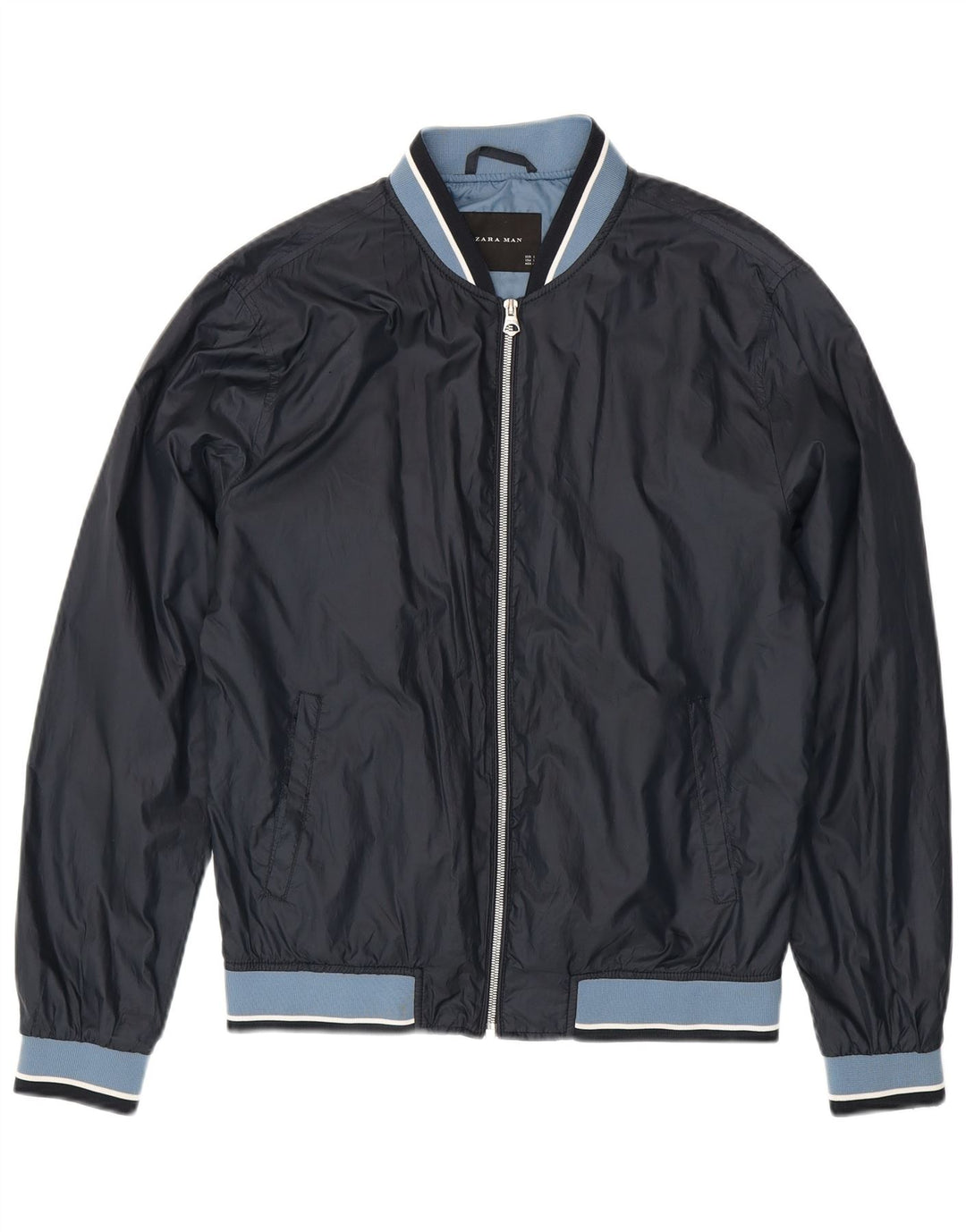 Zara Herren Bomberjacke UK 40 Large Marineblau Colourblock Polyester