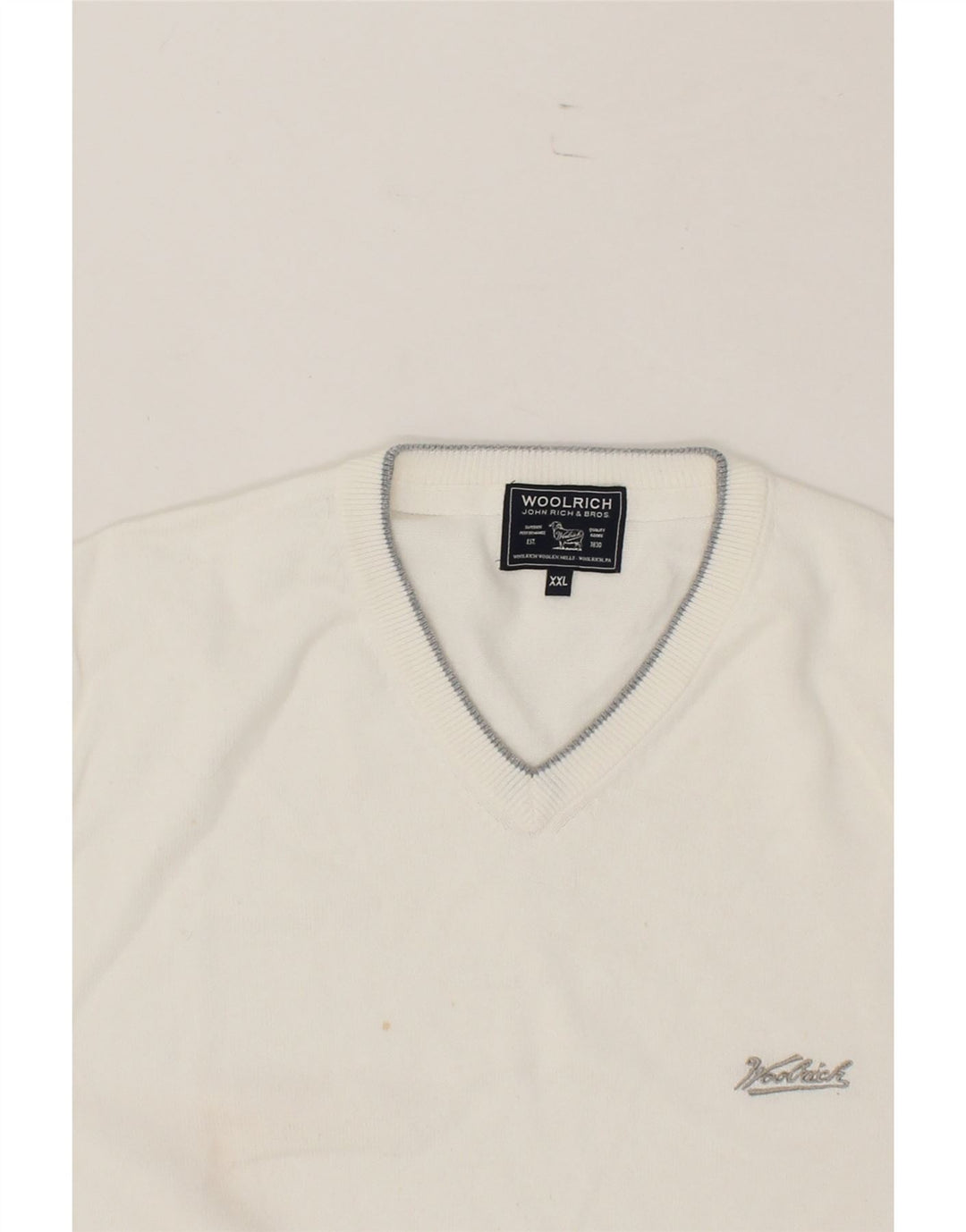 WOOLRICH Mens V-Neck Jumper Sweater 2XL White Cotton Vintage Woolrich and Second-Hand Woolrich from Messina Hembry 