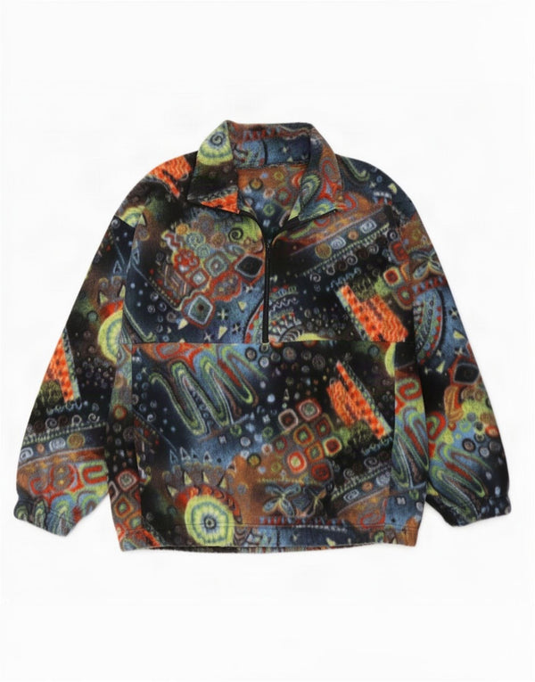 Vintage Herren-Fleecepullover mit abstraktem Muster und Reißverschluss am Hals, groß, mehrfarbig