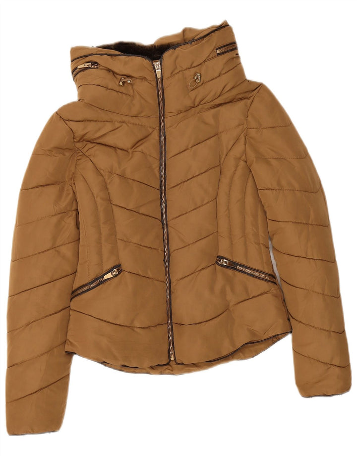 Zara Damen Wattierte Jacke UK 12 Mittelbraunes Polyester