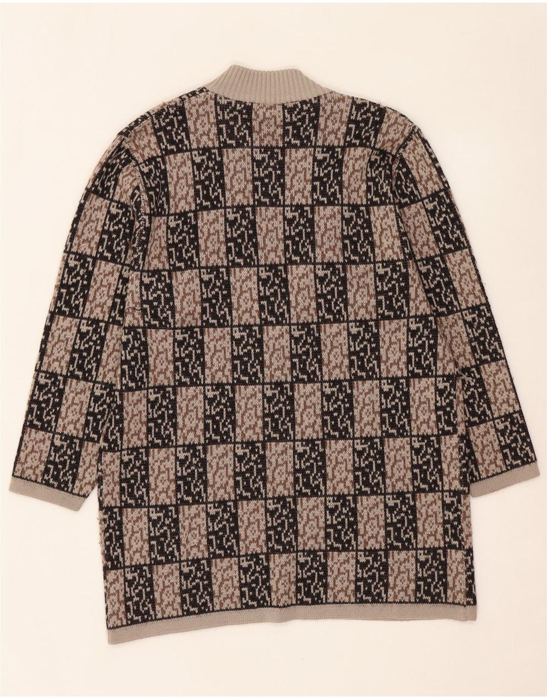 VINTAGE Damen Longline Open Cardigan Pullover IT 44 Mittelbraun Geometrisch