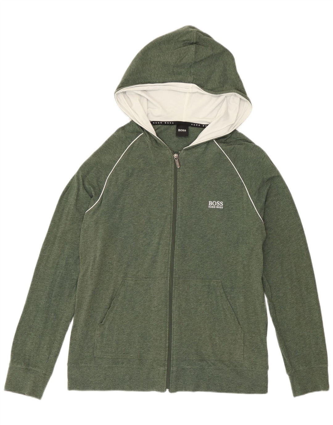 Hugo Boss Herren-Kapuzenpullover mit Reißverschluss, mittelgrüne Baumwolle