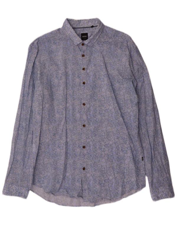 Hugo Boss Herren-Hemd mit abstraktem Muster, schmale Passform, groß, aus blauer Baumwolle