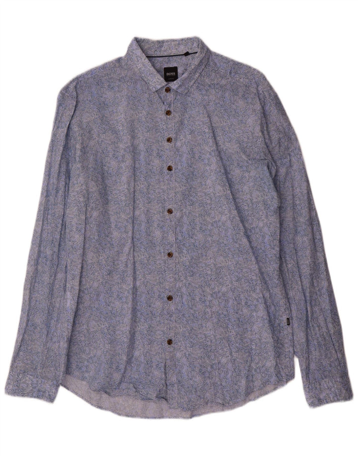 Hugo Boss Herren-Hemd mit abstraktem Muster, schmale Passform, groß, aus blauer Baumwolle