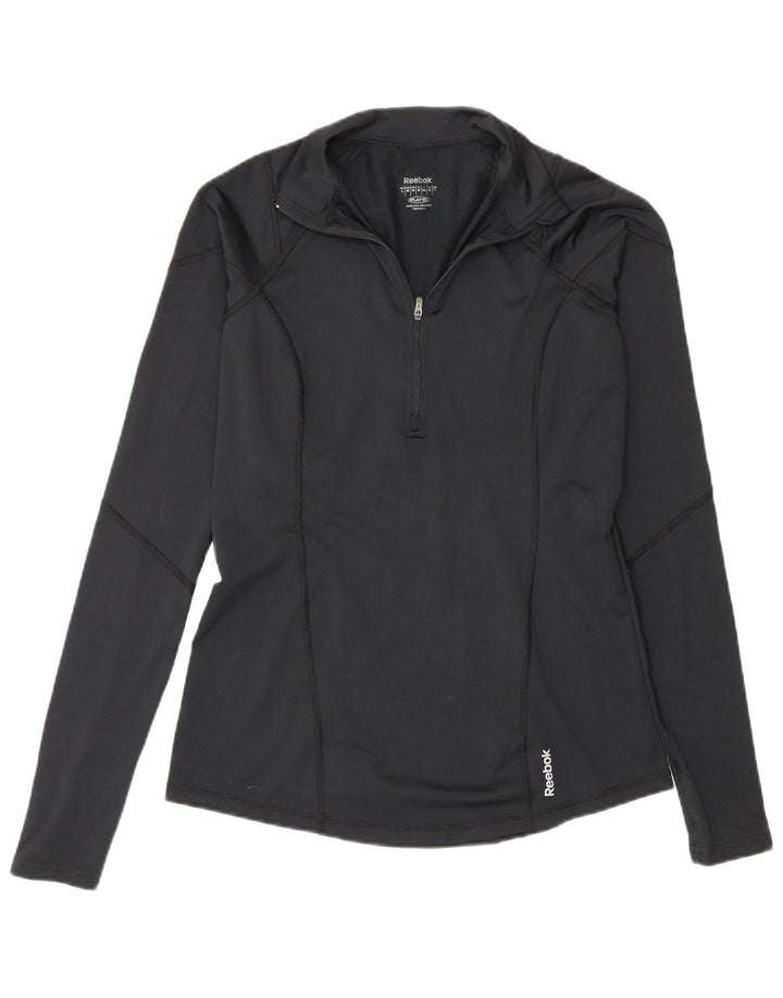Reebok Womens Zip Neck Pullover Trainingsanzug Top UK 12 Medium Schwarz Polyester