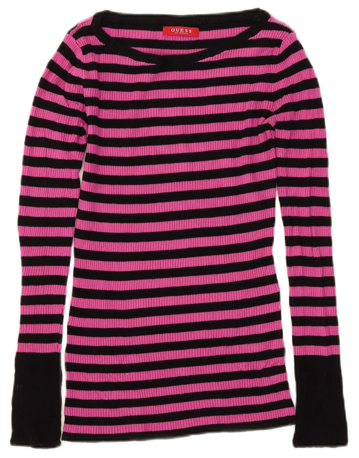 Guess Damen-Top mit langen Ärmeln, UK-Größe 8, klein, rosa gestreift