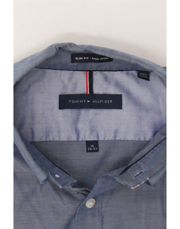 TOMMY HILFIGER Mens NON - IRON Slim Fit Shirt Size 16 Large Blue Vintage Tommy Hilfiger and Second-Hand Tommy Hilfiger from Messina Hembry 