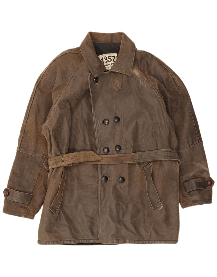 Legendäre Jacke 1957 Herren Zweireihiger Ledermantel UK 40 Large Braun