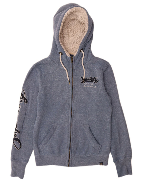 Superdry Damen-Kapuzenpullover mit grafischem Reißverschluss, UK 8, Größe S, blau gefleckte Baumwolle