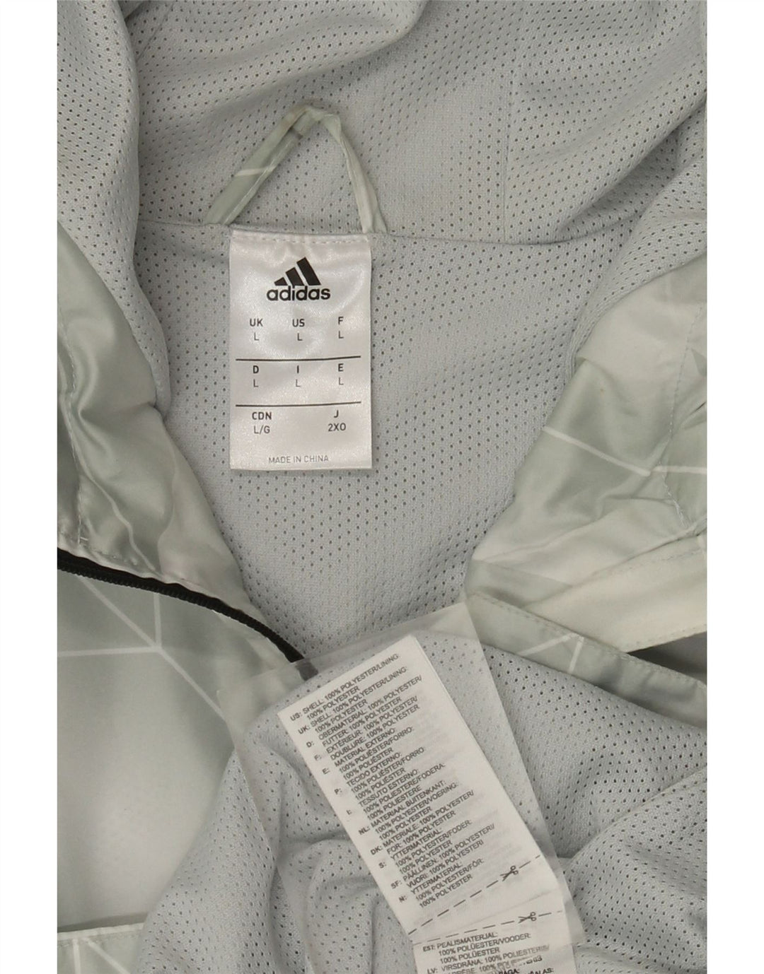 Adidas Herren-Regenjacke mit Kapuze, UK 40, großes graues geometrisches Polyester