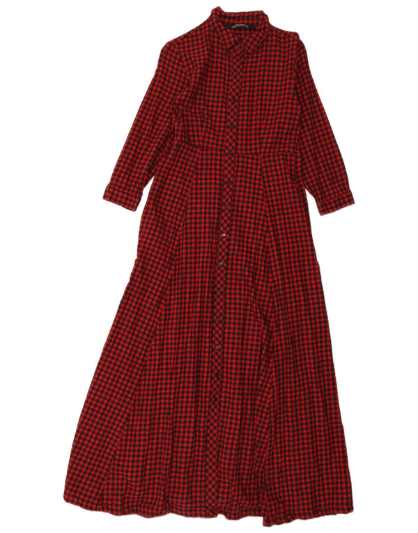 Zara Damen Maxi-Hemdkleid, UK 4 XS, rote Gingham-Baumwolle