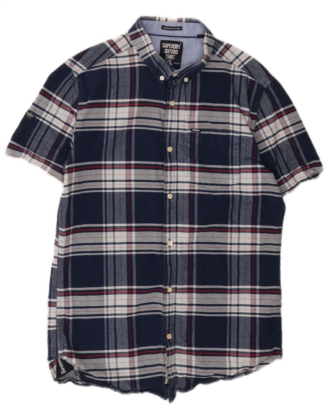 Superdry Herren-Kurzarm-Flanellhemd aus mittelblauer, karierter Baumwolle