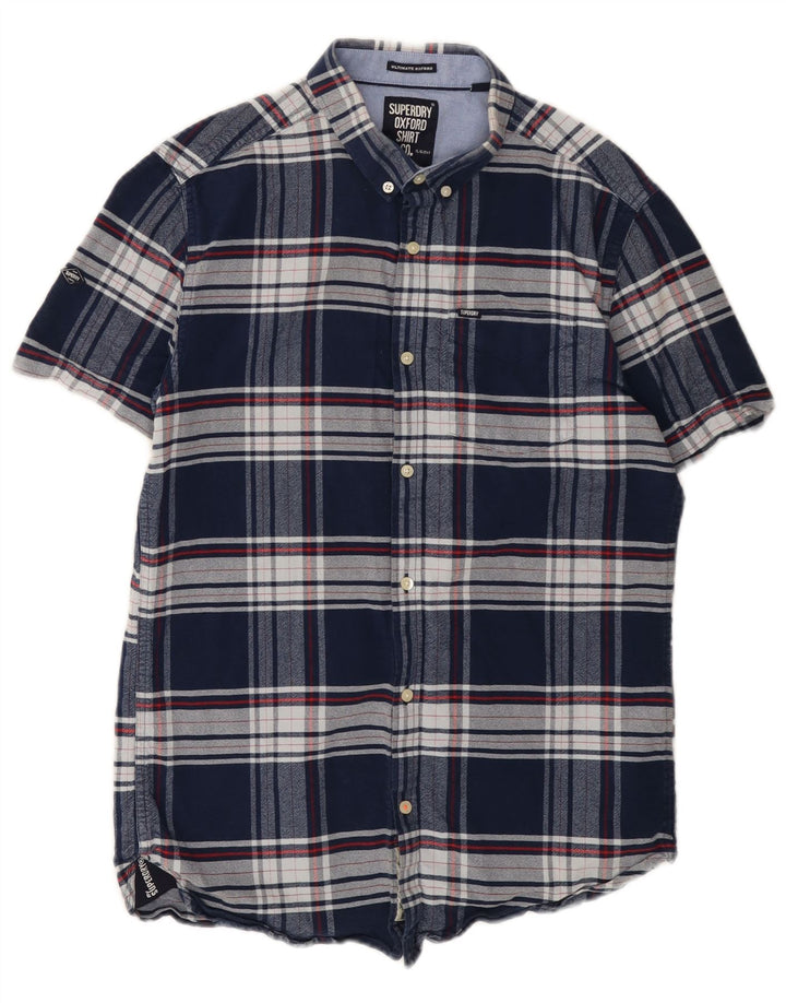 Superdry Herren-Kurzarm-Flanellhemd aus mittelblauer, karierter Baumwolle