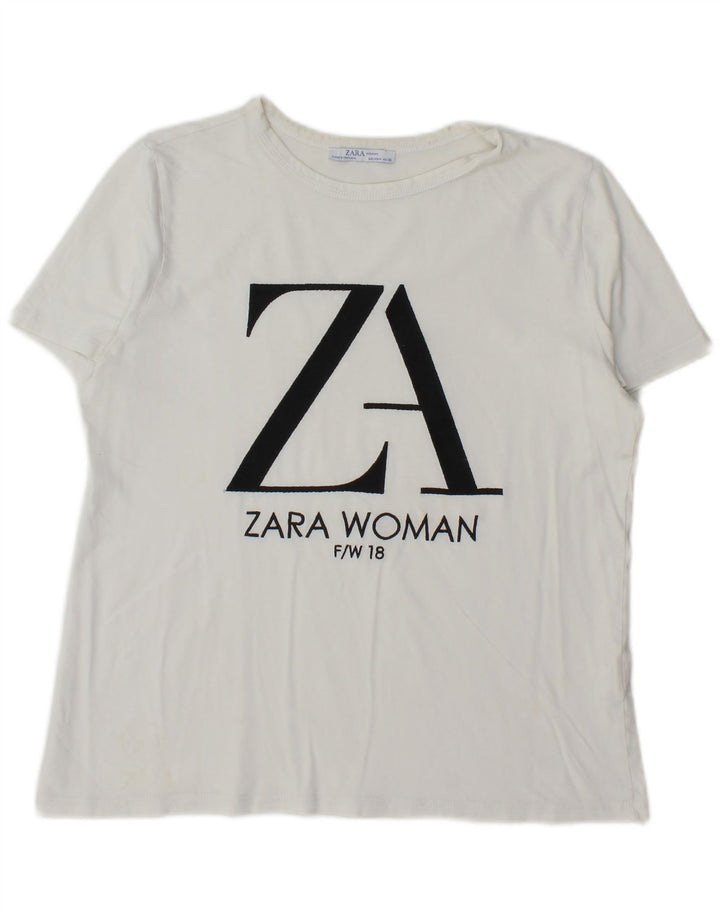 Zara Damen Grafik-T-Shirt-Oberteil UK 14 Mittelweiße Baumwolle