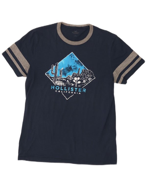 Hollister Mens Graphic T-Shirt Top Large Navy Blue Colourblock Cotton