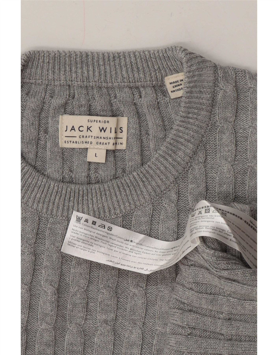 Jack Wills Herren-Pullover mit Rundhalsausschnitt, Größe L, aus grauer Baumwolle