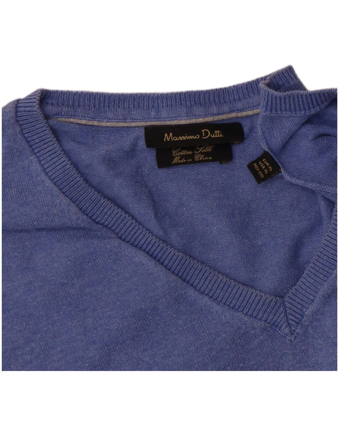 Massimo Dutti Herren-Pullover mit V-Ausschnitt, XL, blaue Baumwolle