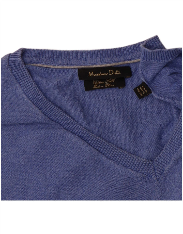 Massimo Dutti Herren-Pullover mit V-Ausschnitt, XL, blaue Baumwolle