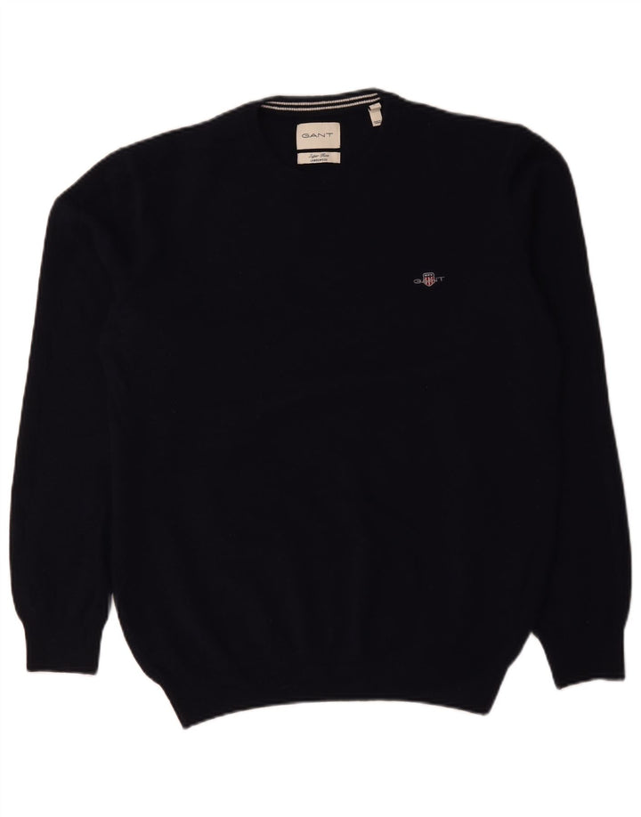 Gant Herren-Pullover mit Rundhalsausschnitt, groß, marineblaue Lammwolle