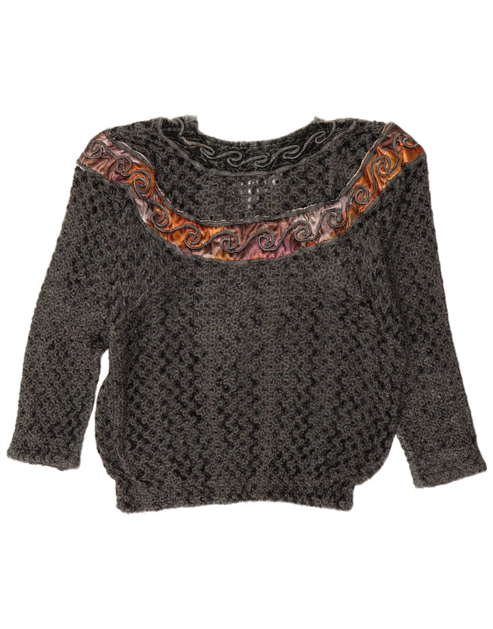 Vintage Damen V-Ausschnitt Pullover Pullover UK 14 Large Grau Colourblock