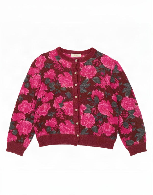 Vintage Womens Cardigan Sweater UK 14 Medium Burgundy Floral Wool