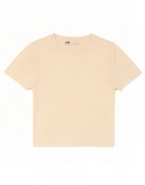 Zara Damen Crop T-Shirt Top UK 12 Mittelweiße Viskose