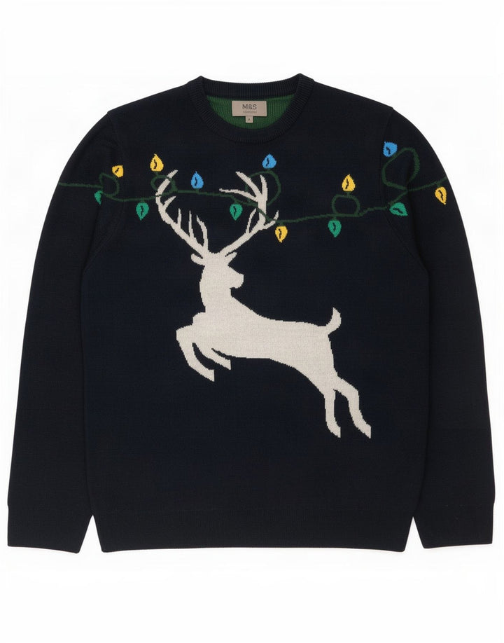 Marks & Spencer Herren-Pullover mit Rundhalsausschnitt, Größe L, Marineblau, Weihnachten