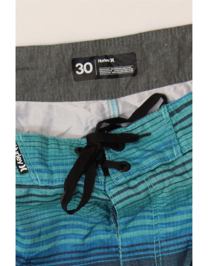 HURLEY Mens Graphic Swimming Shorts Medium  Turquoise Striped Polyester Vintage Hurley and Second-Hand Hurley from Messina Hembry 