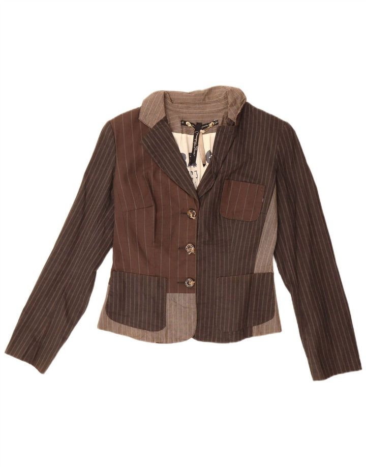Vintage Damen Crop 3 Knopf Blazer Jacke IT 42 Mittelbraun gestreift