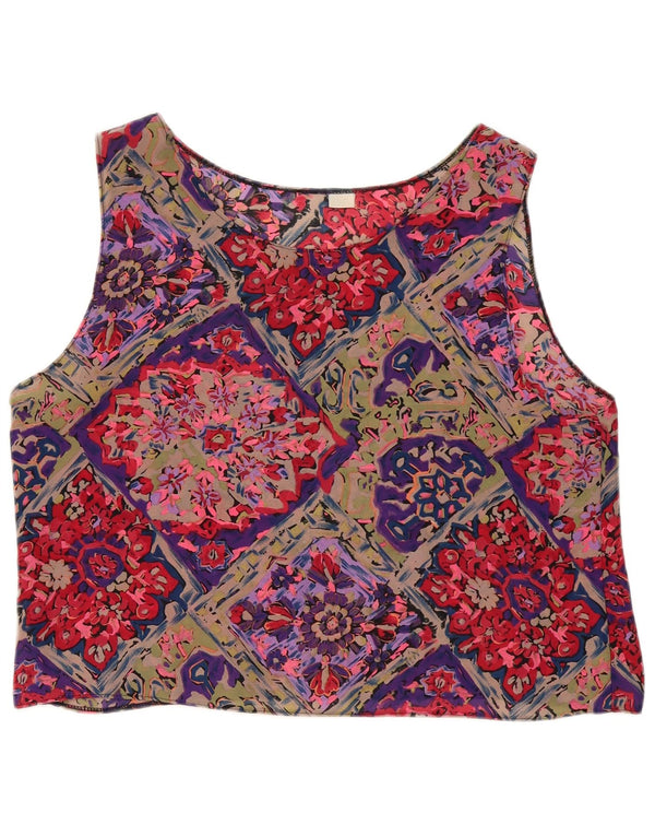Vintage Damen Crop Ärmelloses Blusentop UK 16 Großes mehrfarbiges Blumenmuster