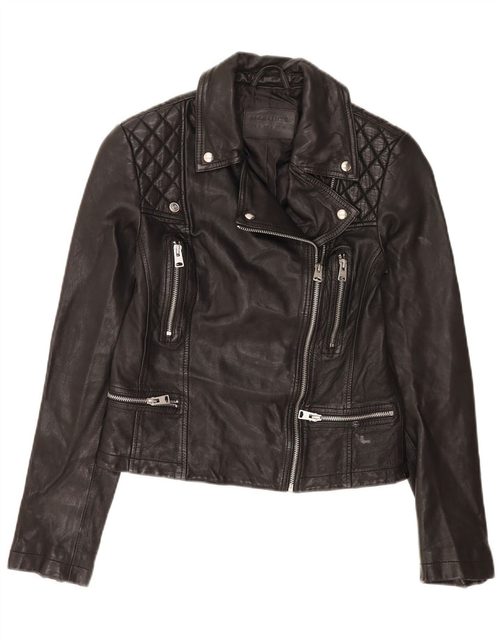All Saints Damen Crop Leder Bikerjacke UK 8 Small Schwarz
