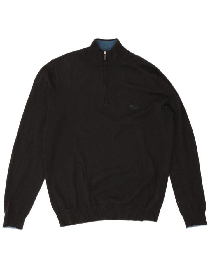 Hugo Boss Herren-Pullover mit normaler Passform und Reißverschluss, große schwarze Wolle