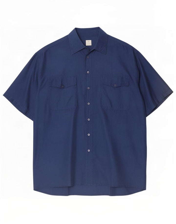 Vintage Herren Kurzarmhemd Medium Navy Blue Seide