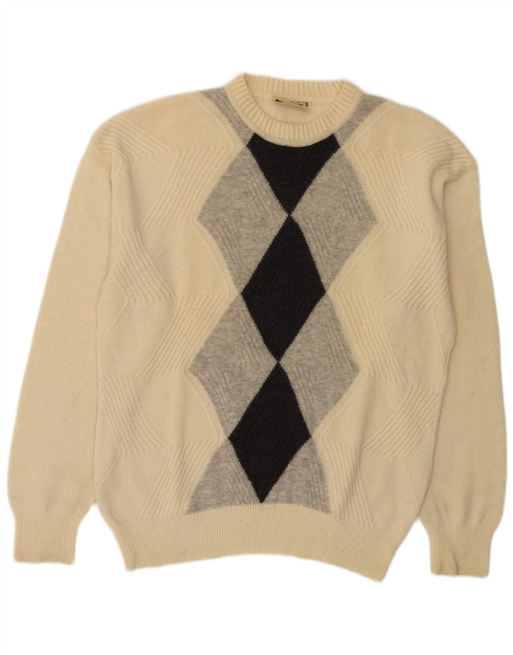 Vintage Herren Pullover mit Rundhalsausschnitt IT 50 Medium Off White Argyle/Diamant