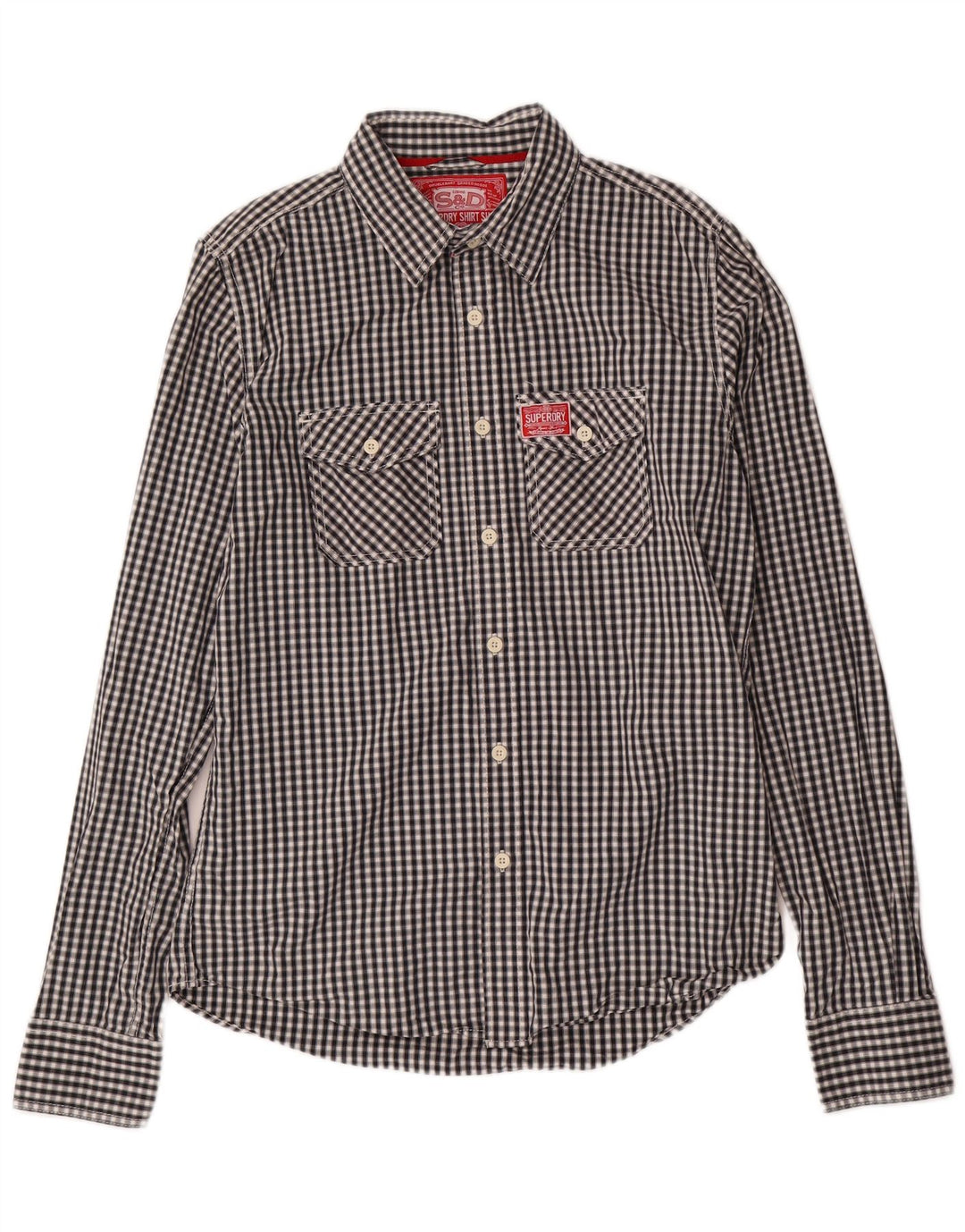 SUPERDRY Herrenhemd XL, schwarze Gingham-Baumwolle