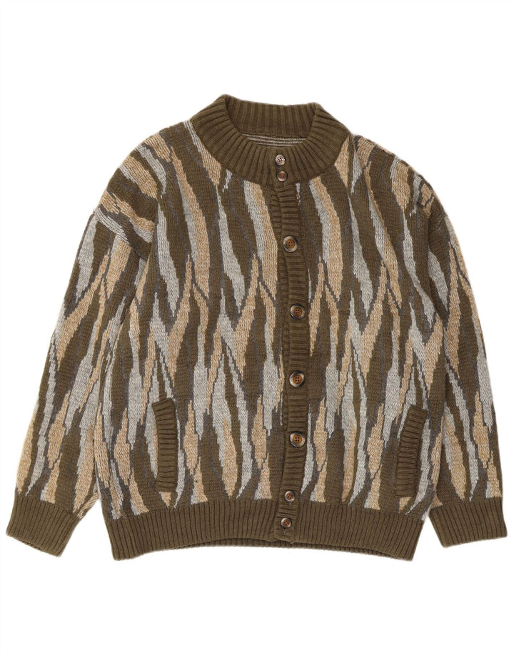 Vintage Herren Cardigan Pullover Großes Khaki Gestreiftes Acryl