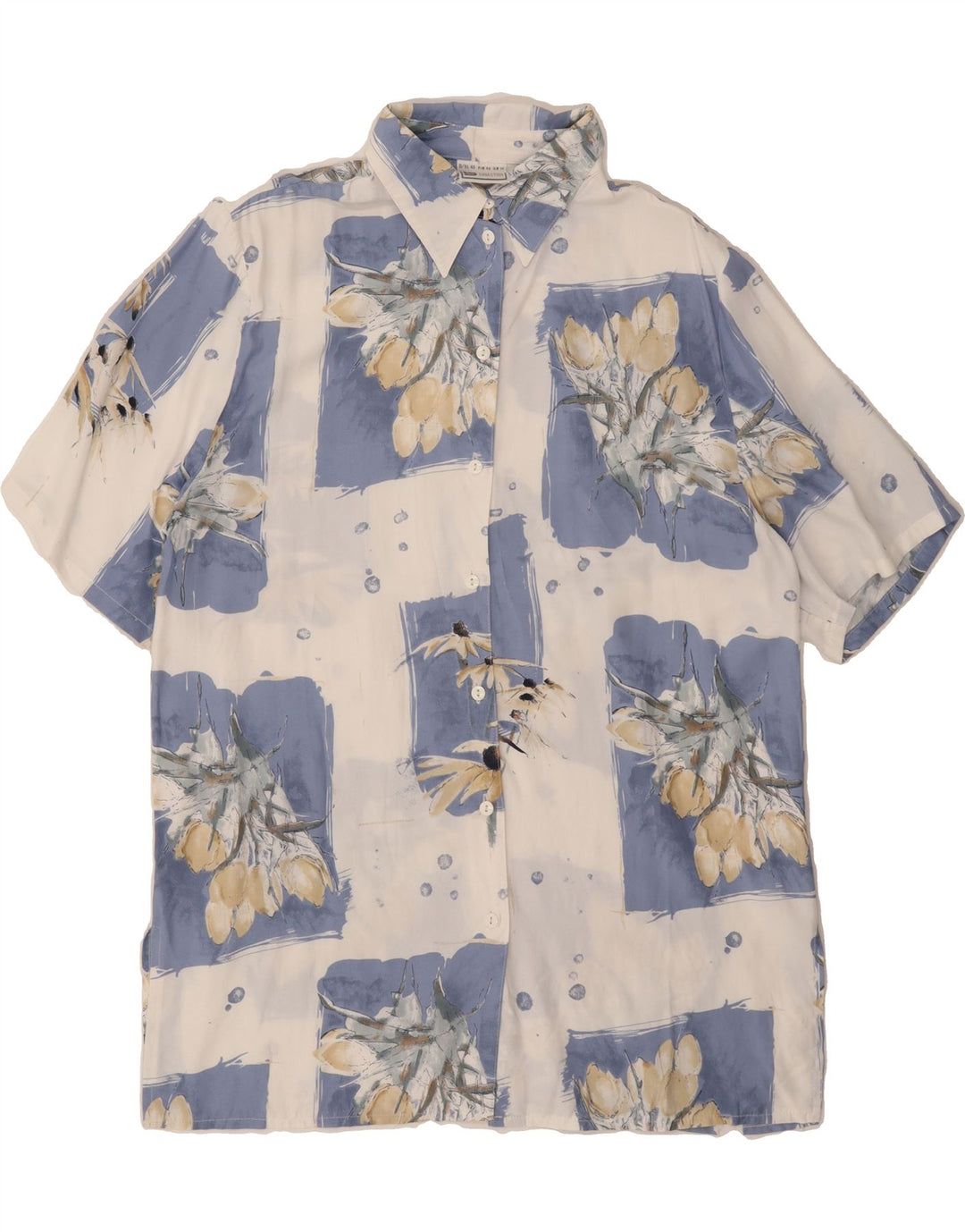 VINTAGE Womens Short Sleeve Shirt UK 14 Large Blue Patchwork Viscose Vintage Vintage and Second-Hand Vintage from Messina Hembry 