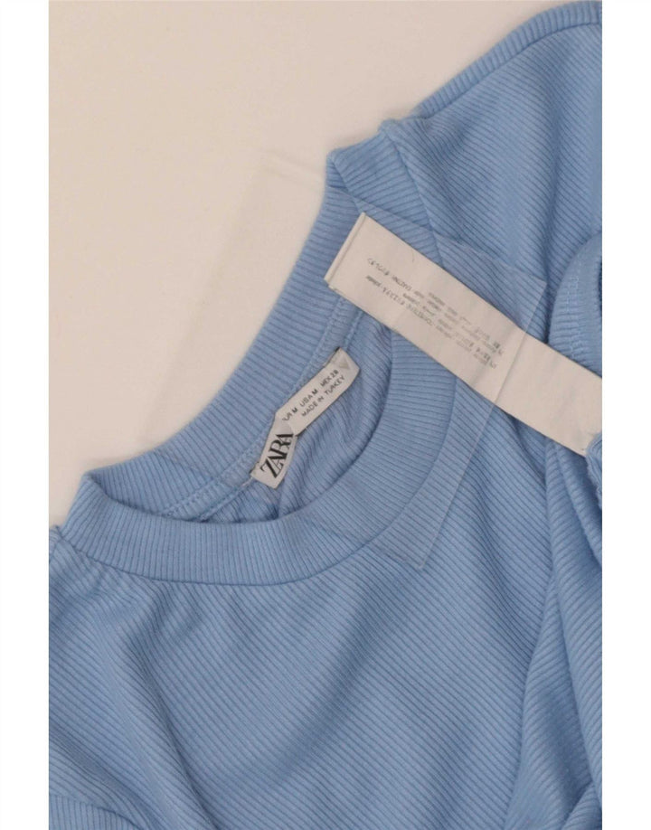 Zara Damen Crop Bluse Top UK 12 Mittelblaues Polyester