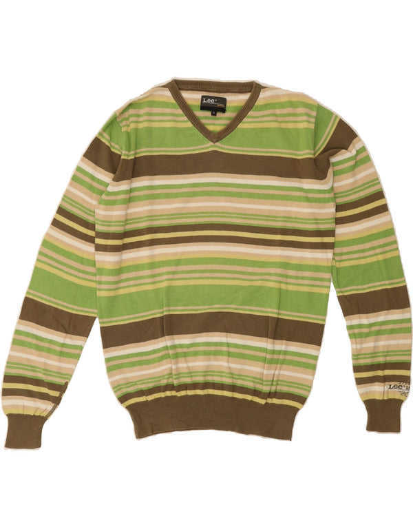 LEE Mens V-Neck Jumper Sweater Large Green Striped Cotton