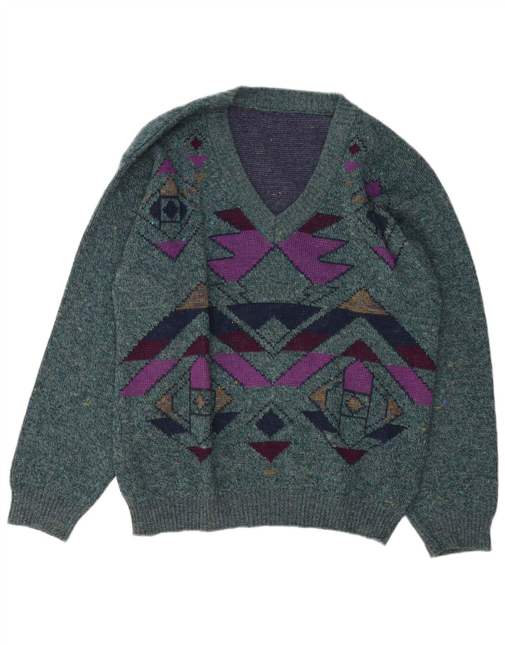 Vintage Herren Pullover mit V-Ausschnitt, groß, grün, geometrisch