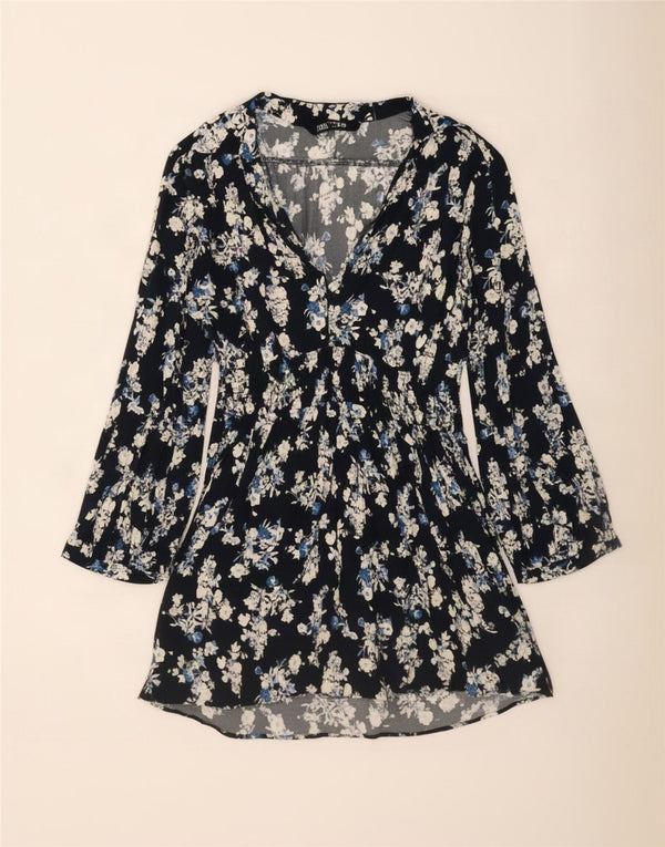 Langärmliges, übergroßes A-Linien-Kleid von Zara für Damen, Gr. 10, Größe S, Marineblau mit Blumenmuster