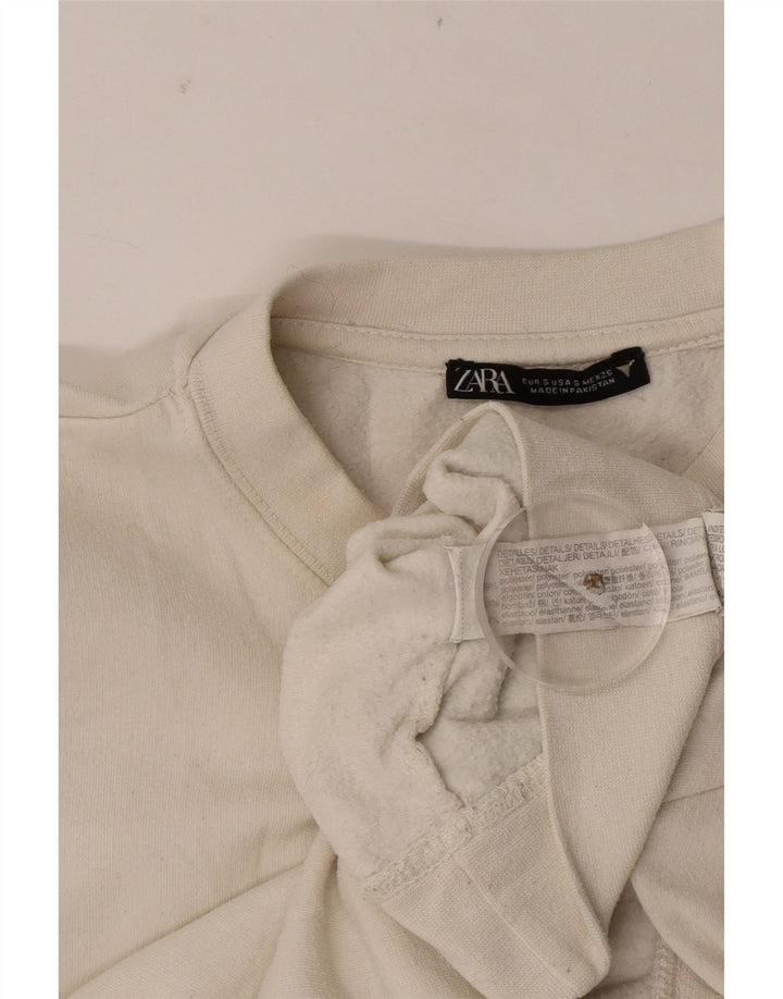 Zara Damen Crop Sweatshirt Pullover UK 10 Small Weiße Baumwolle