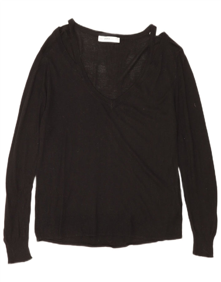 Zara Damen-Pullover mit V-Ausschnitt, Gr. 14, mittlere schwarze Viskose