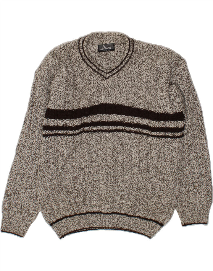 VINTAGE Mens V-Neck Jumper Sweater Medium Grey Striped Acrylic Vintage Vintage and Second-Hand Vintage from Messina Hembry 