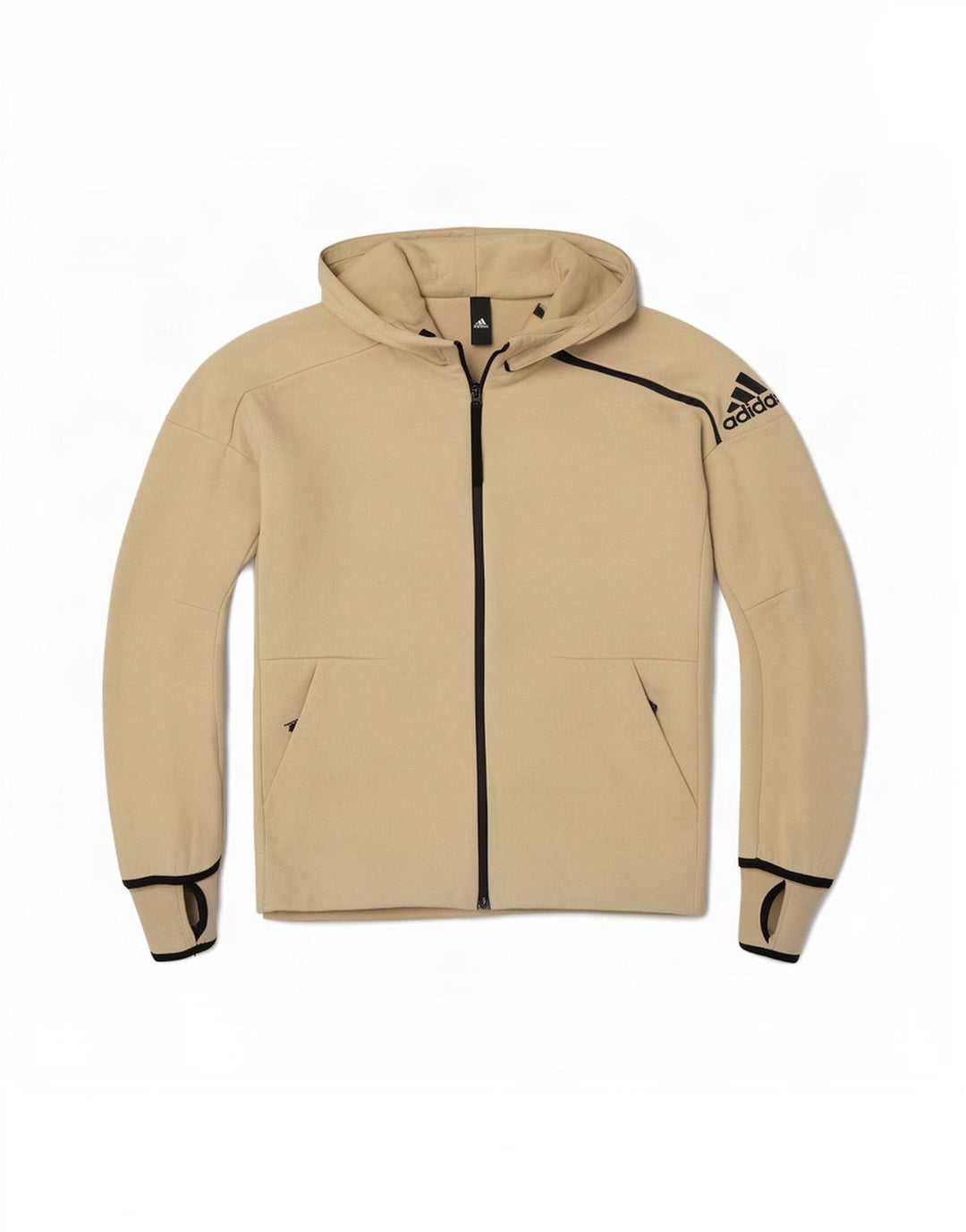 Adidas Herren-Kapuzenpullover mit Reißverschluss, mittelbeige Baumwolle