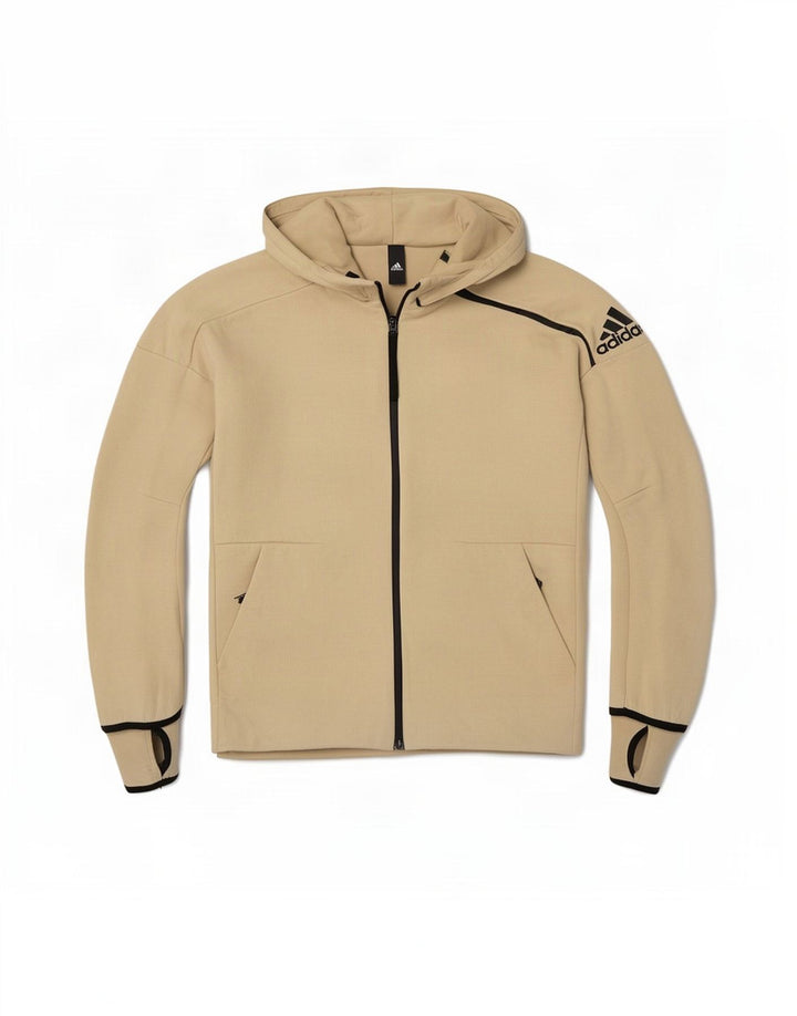 Adidas Herren-Kapuzenpullover mit Reißverschluss, mittelbeige Baumwolle