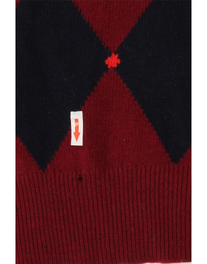 Vintage Herren V-Ausschnitt Pullover Pullover Medium Burgunder Argyle/Diamant Lammwolle