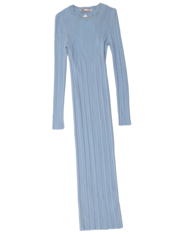 Zara Damen Maxi-Langarm-Pulloverkleid UK 12 Mittelblaues Nylon