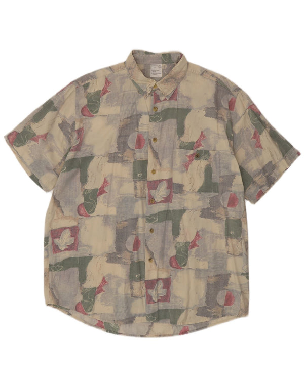 VINTAGE Herren Kurzarmhemd Größe 16 1/2 41/42 Großes Beige Patchwork
