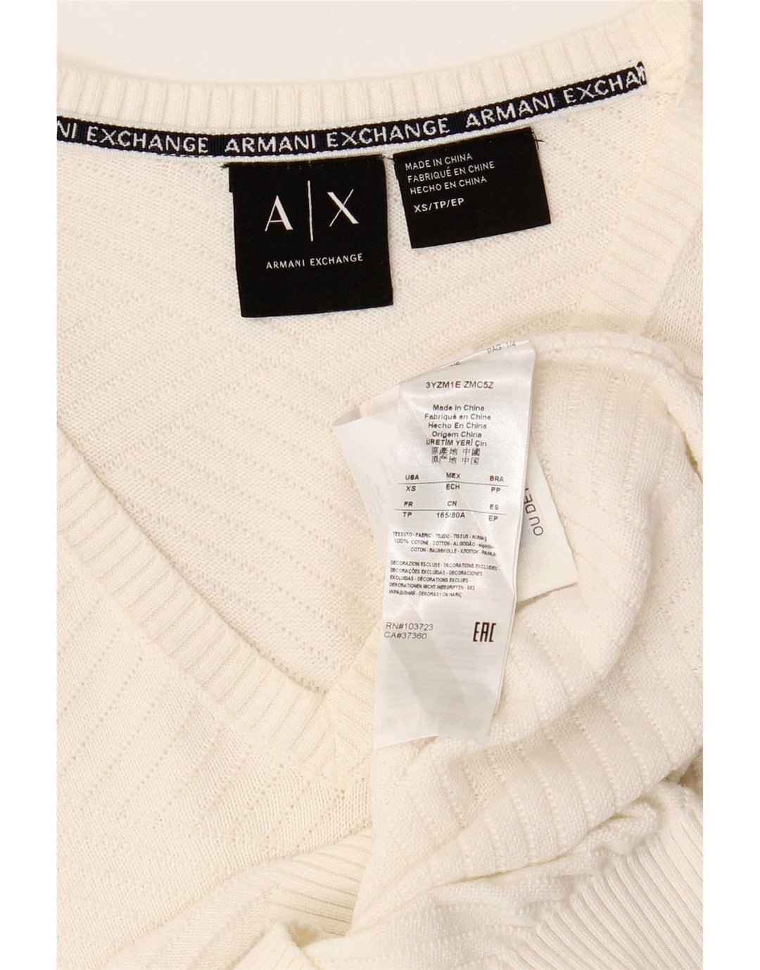 Armani Exchange Herren-Pullover mit V-Ausschnitt, XS, weiße Baumwolle